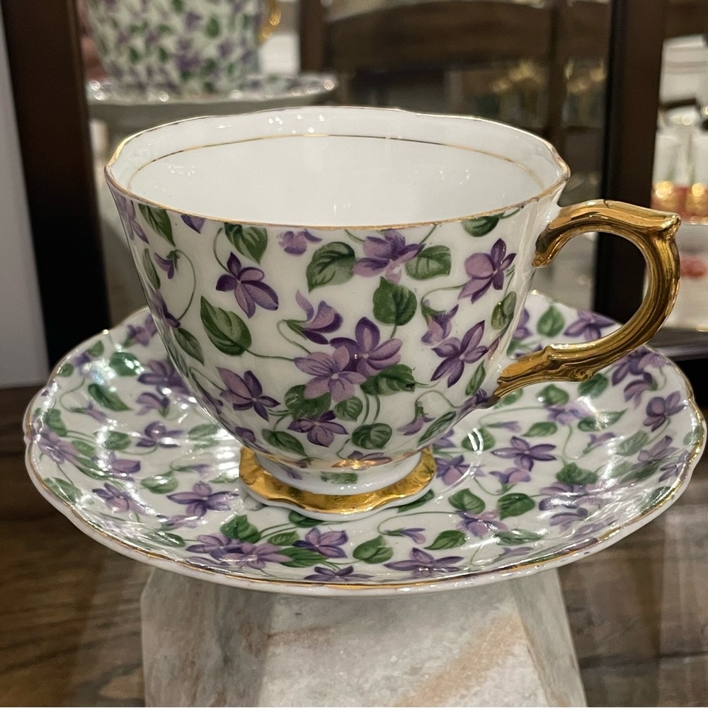 Vintage Napco Hand Painted Cup Saucer Floral Viola Purple Green Gold Rim Handle